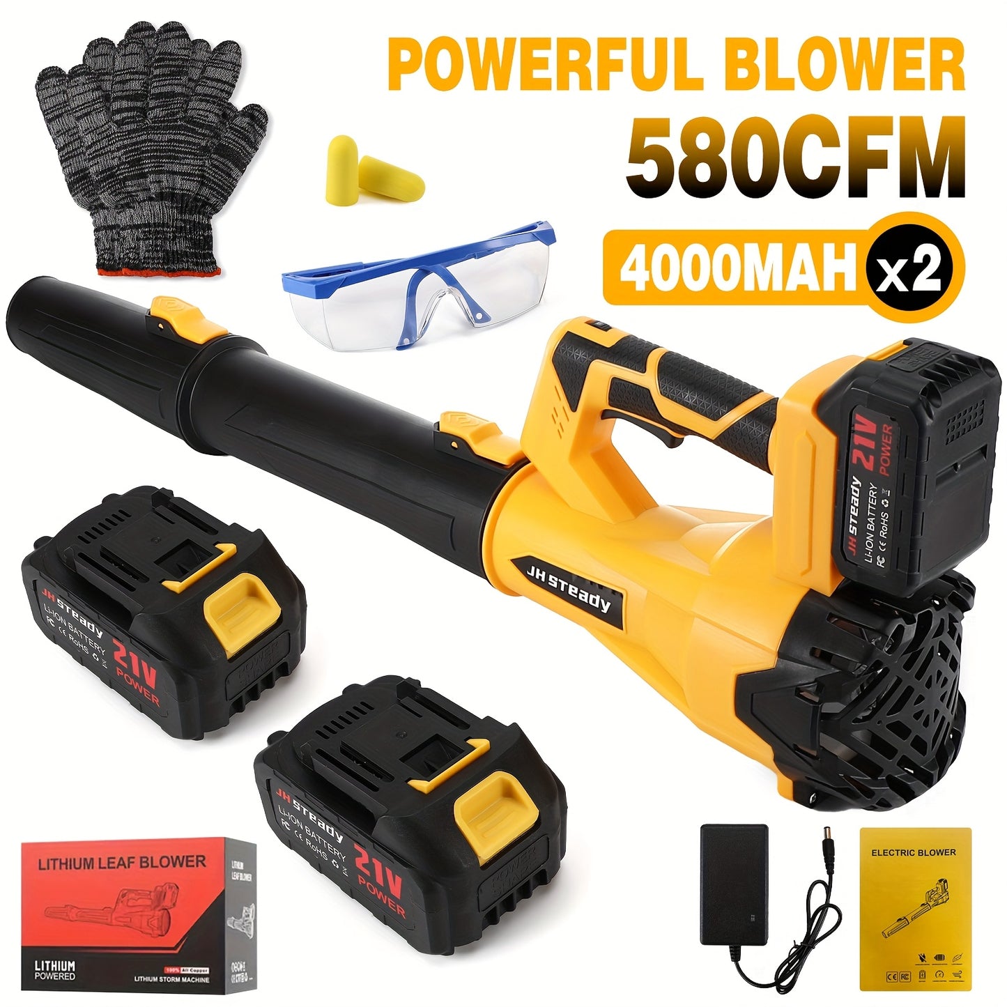 High Power Cordless Leaf Blower With 4.0Ah Batteries, 580CFM/160MPH, 6 Speed Levels & Extension Nozzle